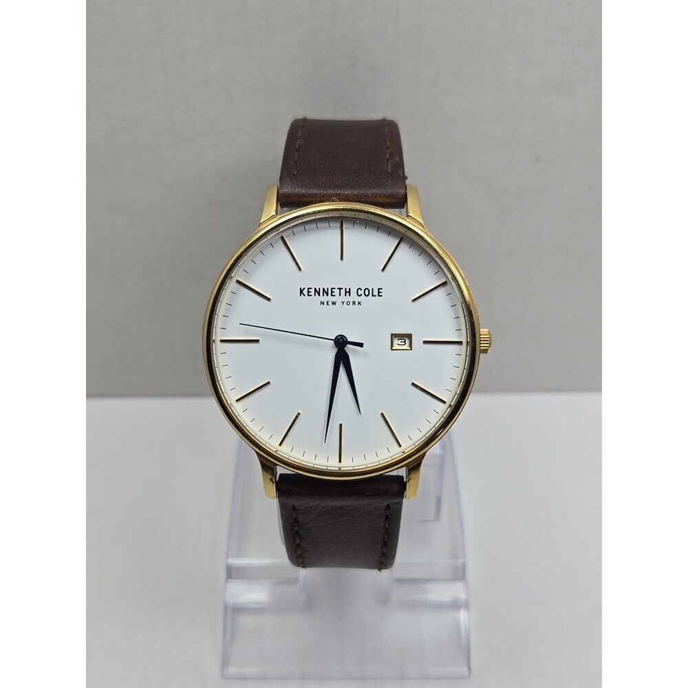 Kenneth Cole Mens Monroe 42mm Gold Tone Date Watch Leather Slim New Battery